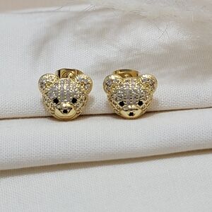 Gold Teddy Bear Pave Stud Earrings - Women Jewelry